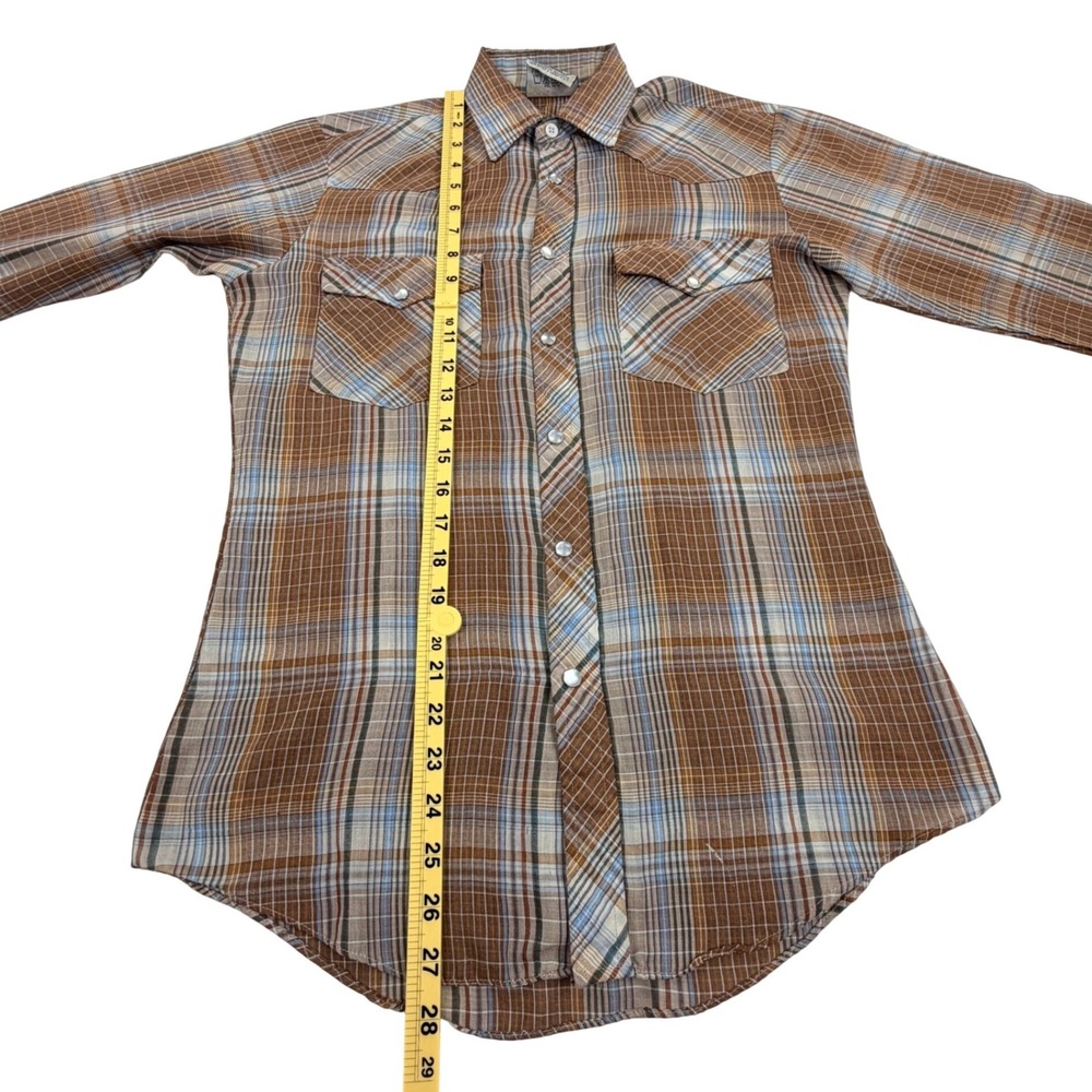 Saturdays California Western Pearl Snap Men SMALL Brown Plaid 70s 80s Vintage - Picture 6 of 9